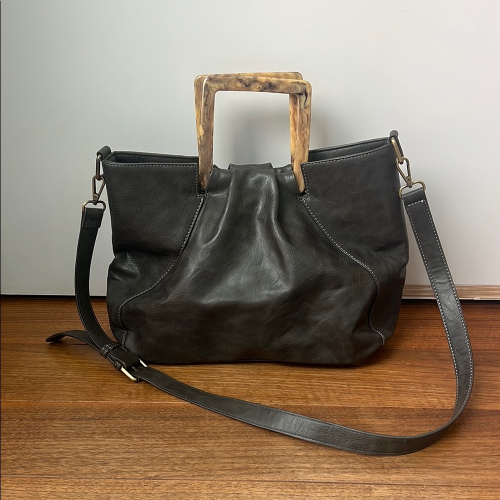 Gorgeous Joy Susan Grey Leather Handbag with plastic Tortoise Square Handles